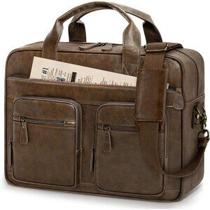 🆕 Men Brown PU Vegan Leather Laptop Large Computer Work Office Messenger Bag